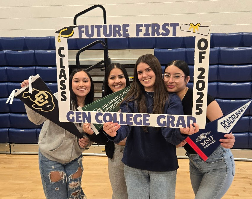 4 students holding college memorabilia and a frame that says "Future first Gen College Grad, Class of 2025"