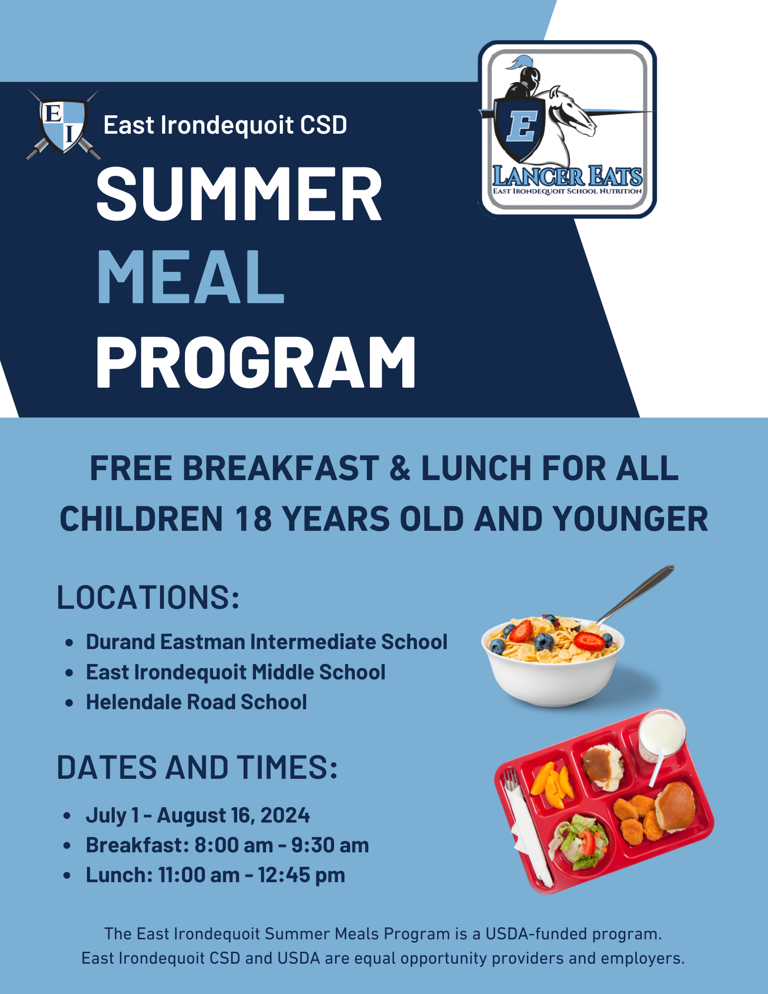 Please share that the Summer Meal Program will be Monday through Friday at Helendale Road School and Durand Eastman School. The Summer Meal Program at the Middle School will be Monday through Thursday following the summer school schedule. Thank you.