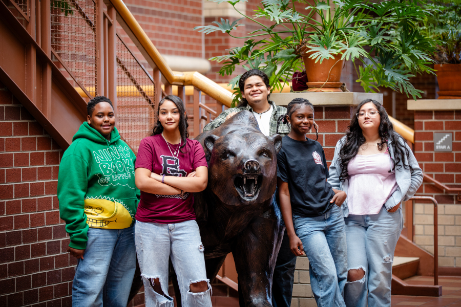 Students Posing Next to Grizzly