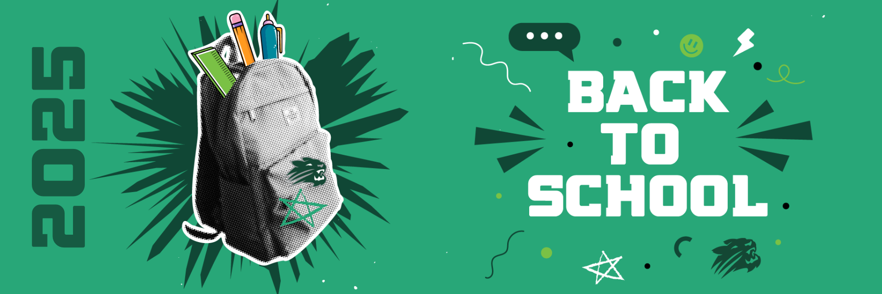 Back to School Graphic with text that says "Back to School" and has a backpack with utensils and has the year 2025