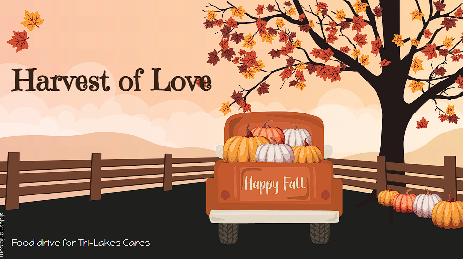Harvest of love title graphic with truck full of pumpkins