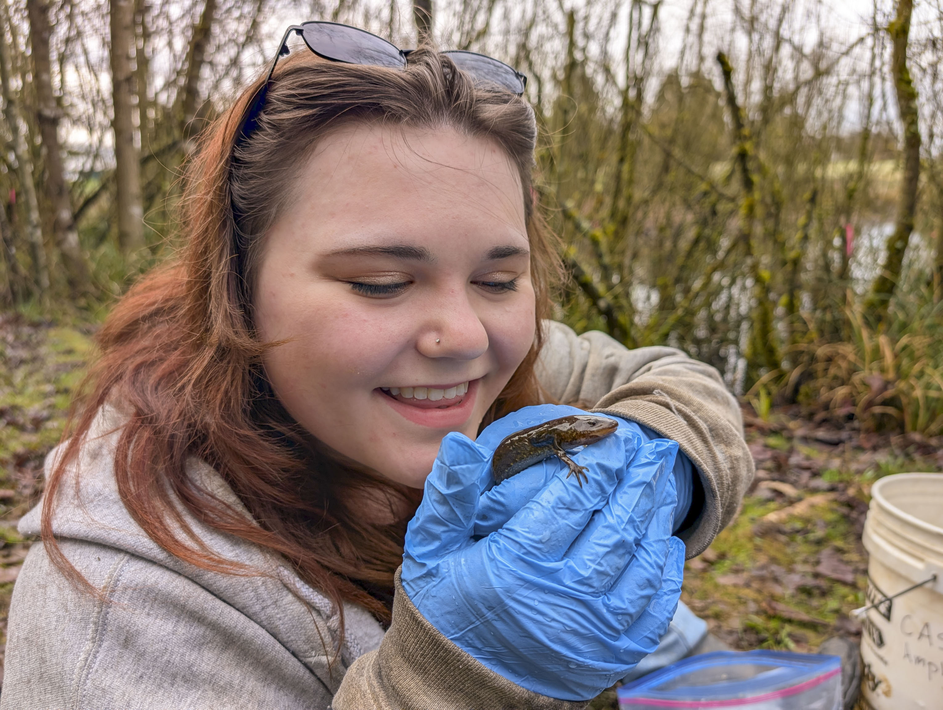 A student holds a western salamander collected during a pond survey