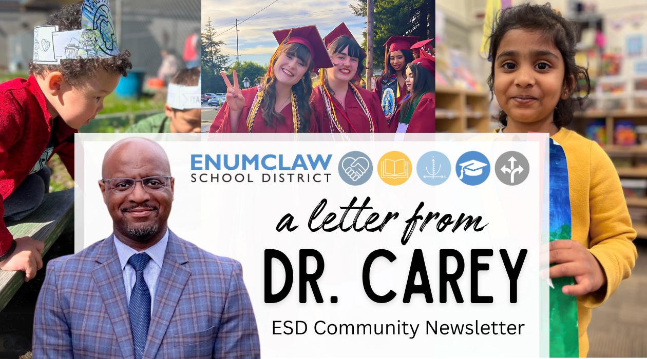 Dr. Carey smiling with photos of students in the background A Letter From Dr. Carey, ESD Community Newsletter, with ESD logo behing Dr. Carey