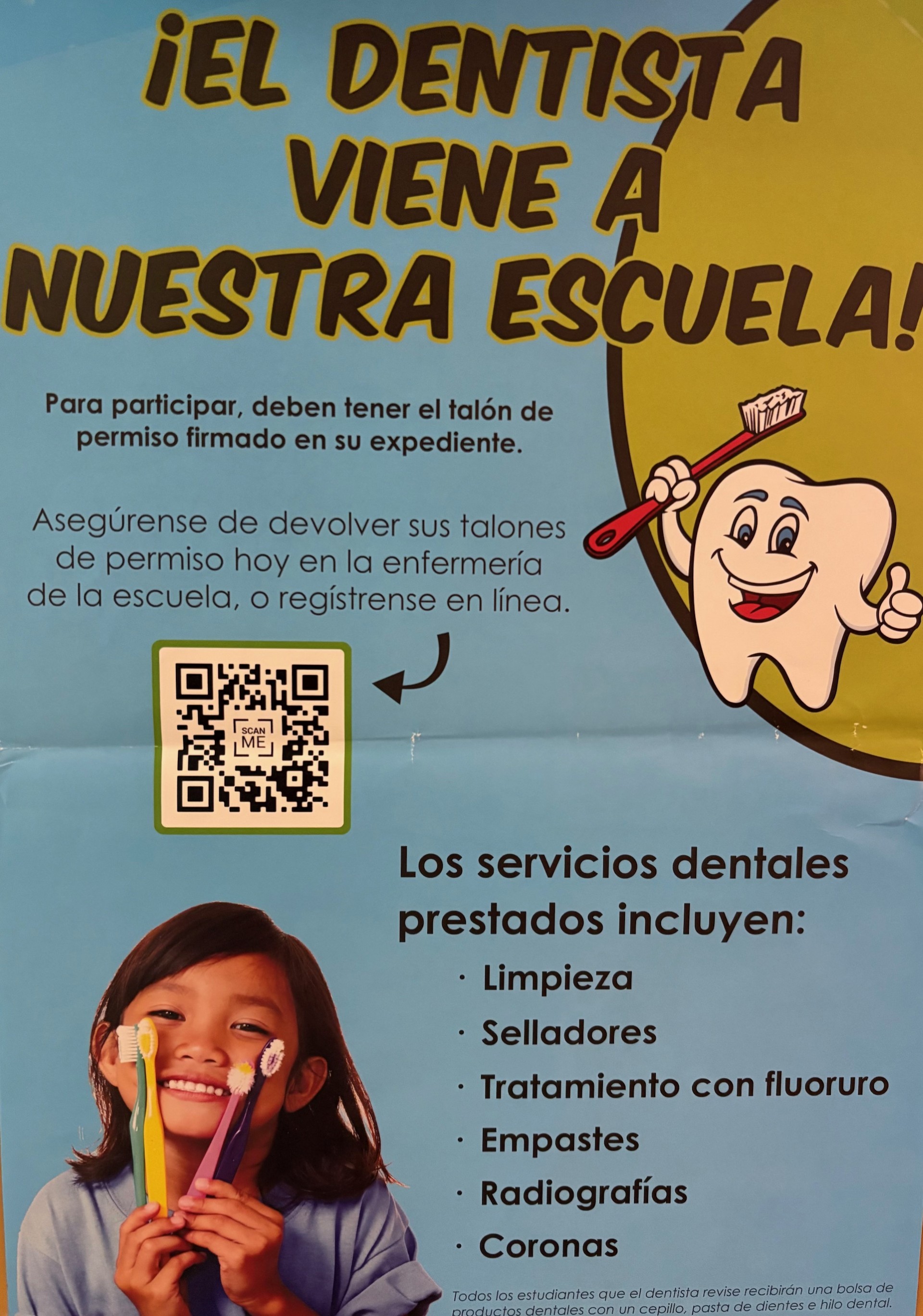 The dentist is coming to our school! Make sure to sign up your student online at https://schoolsmiles.com/student-signup/