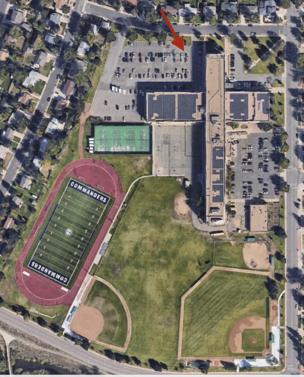 Aerial photo of John F. Kennedy High School showing new drop off route.