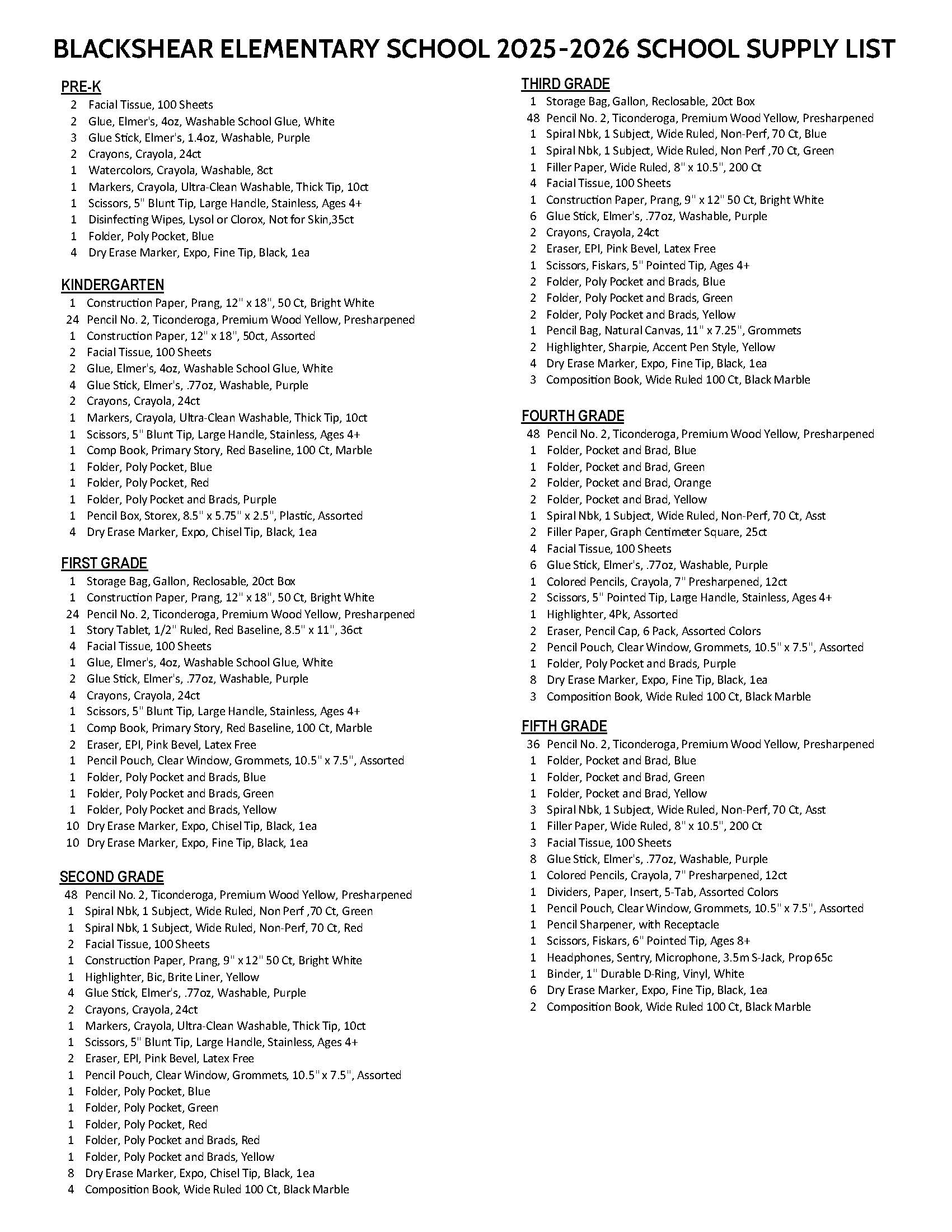 school supply list