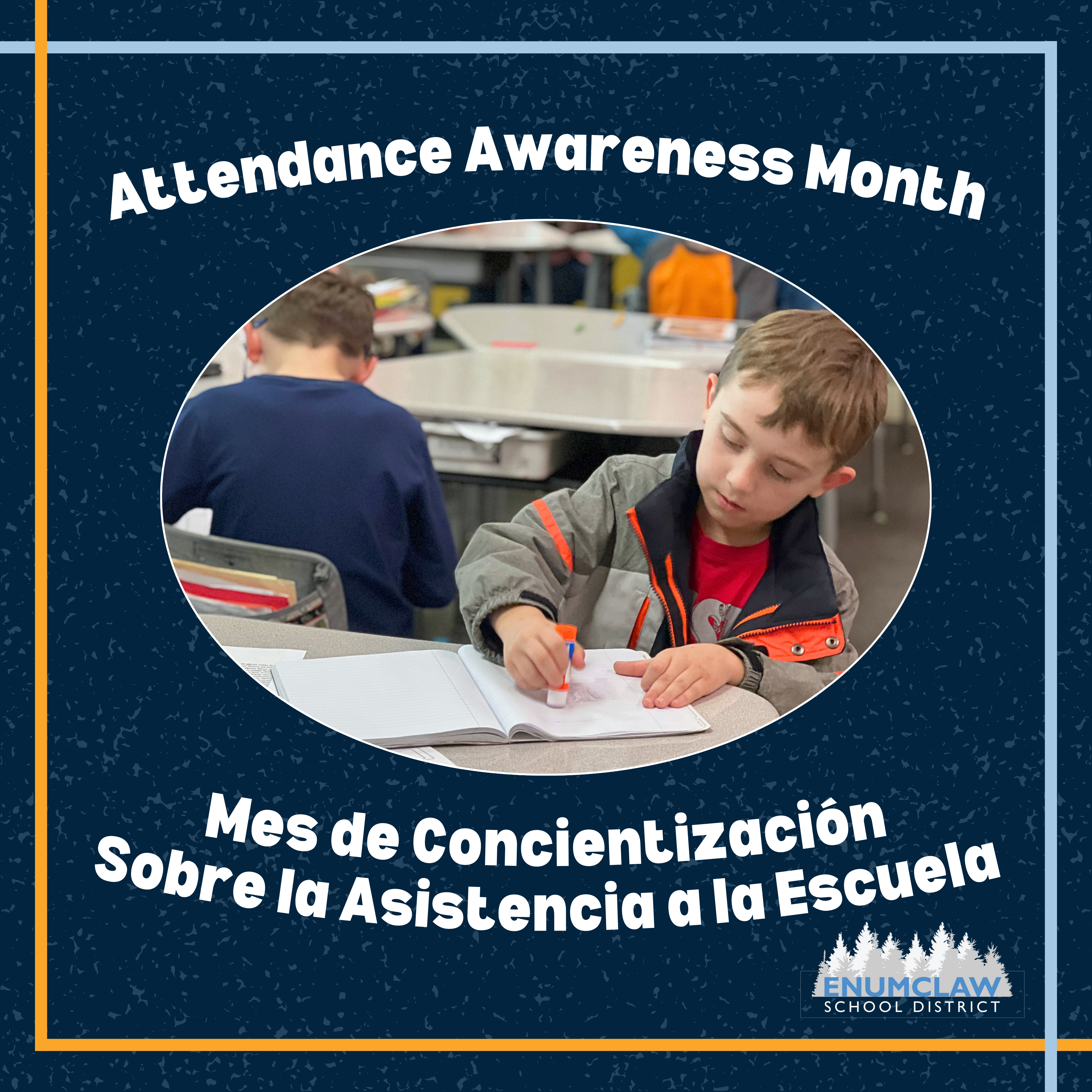 Attendance Awareness Month with student at their desk using glue stick