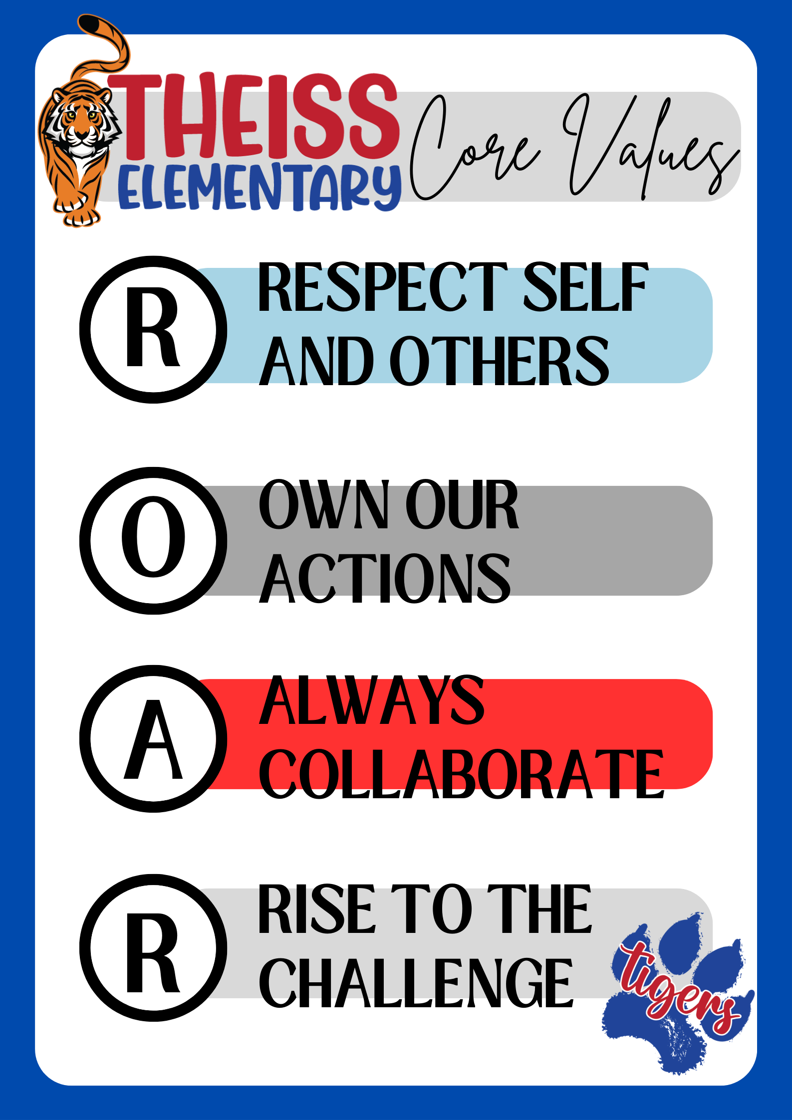 Theiss Elementary Core Values: Respect sefl and others, own our actions, always collaborate and rise to the challenge