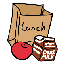 Brown lunch bag, apple , chocolate milk carton 