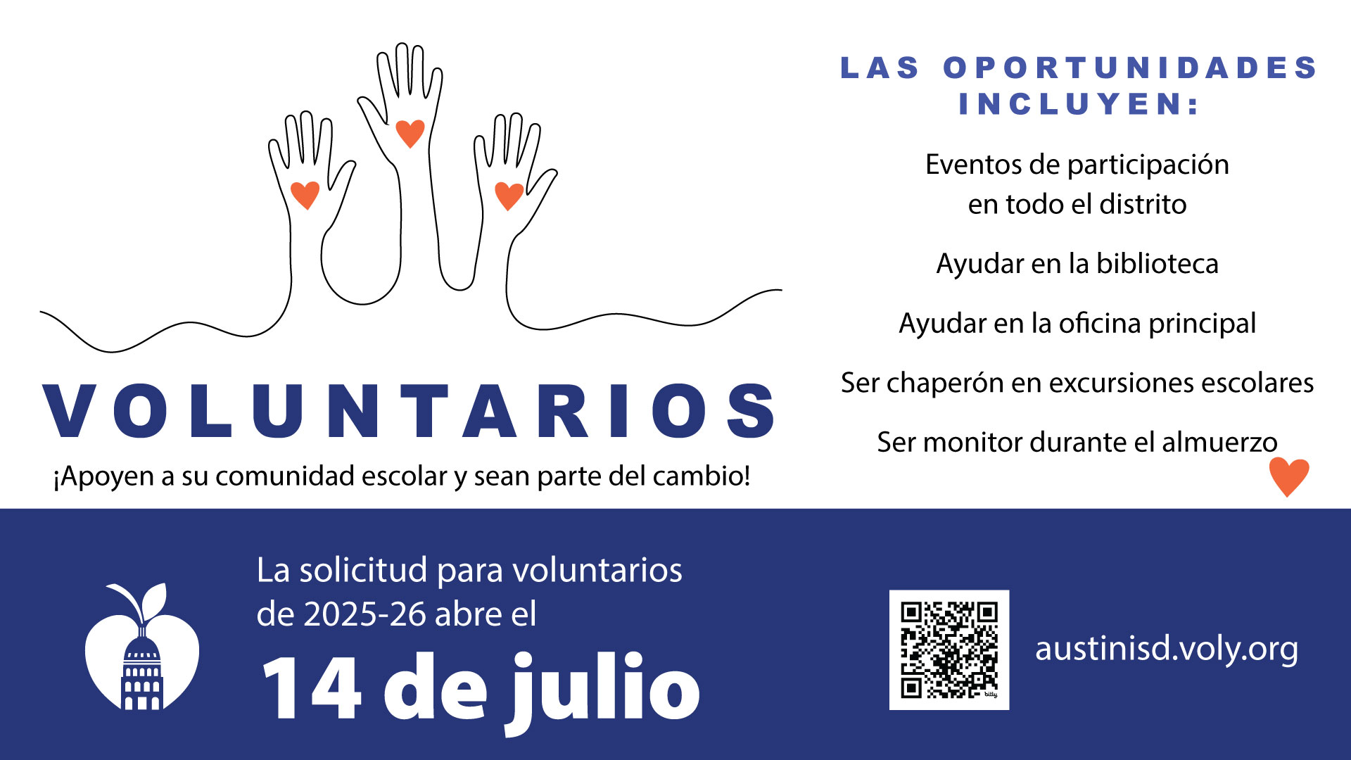 Voluntarios la oppotunidades incluyen eventos de participación en todo el distrito ayudar en la bilioteca 