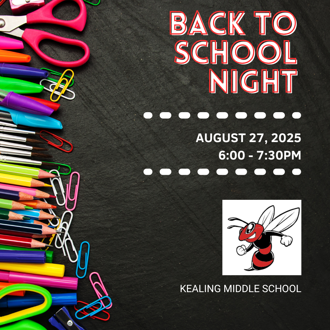 Back to school night flyer with a hornet and school supplies displayed