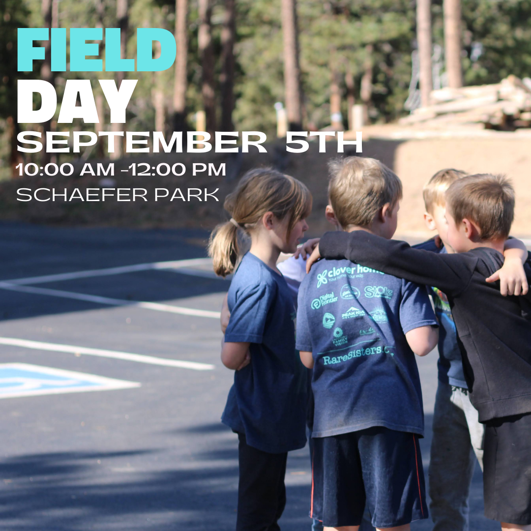 Image of kids in a huddle in a parking lot that reads Field Day September 5th 10:00 am - 12:00 pm at Schafer Park 