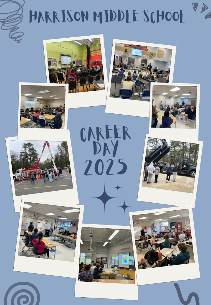 Several pictures of community members speaking with students