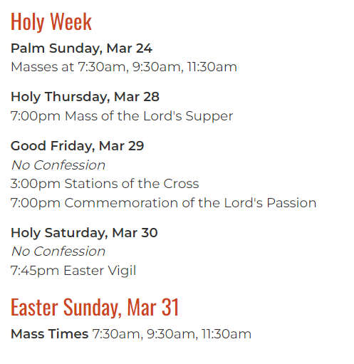 Holy Week Mass Times