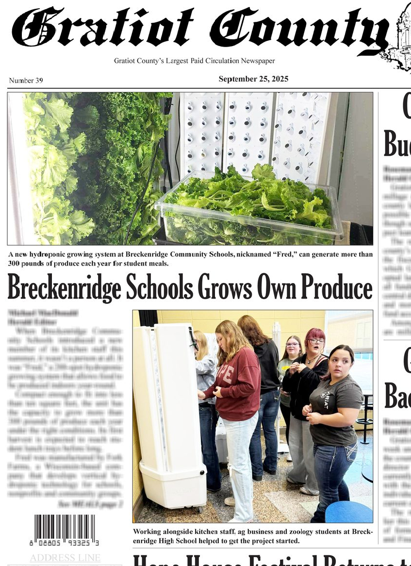 Gratiot County Herald - "Fred" Hydroponics System donated by the Breckenridge Education Foundation