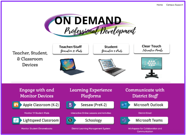  A screenshot of a webpage titled "On Demand Professional Development." The page is divided into two main sections with a purple background.  The top section is titled "Teacher, Student, & Classroom Devices" and features three distinct categories with images of devices:  Teacher/Staff (Generation 10 iPads) with an image of an iPad.  Student (Generation 9 iPads) with an image of an iPad.  Clear Touch (Interactive Panels) with an image of an interactive panel screen.  The bottom section is divided into three columns:  Engage with and Monitor Devices lists "Apple Classroom (K-2)" and "Lightspeed Classroom."  Learning Experience Platforms lists "Seesaw (PreK-2)" and "Schoology."  Communicate with District Staff lists "Microsoft Outlook" and "Microsoft Teams."