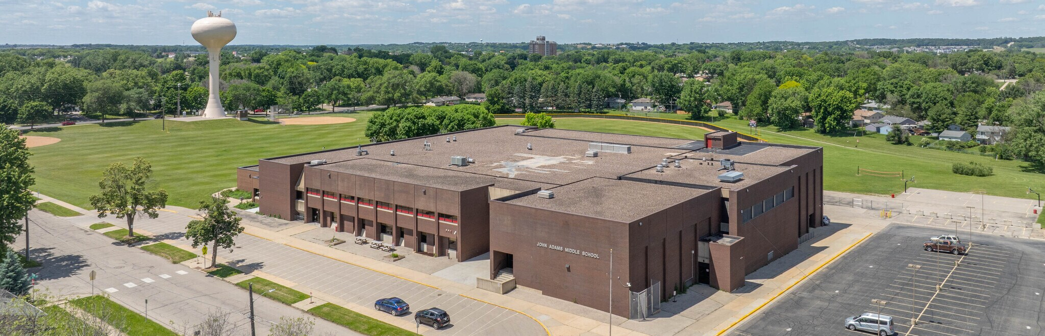 Aerial view of the exterior of John Adams Middle School