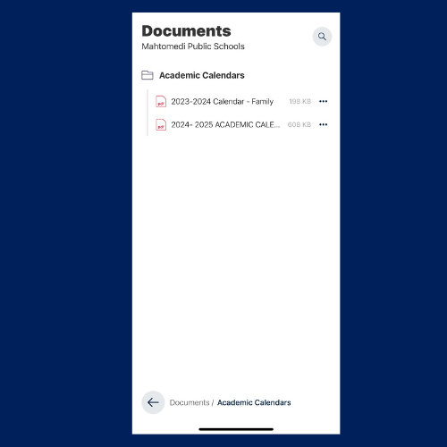 screenshot of mobile app and locating calendar document