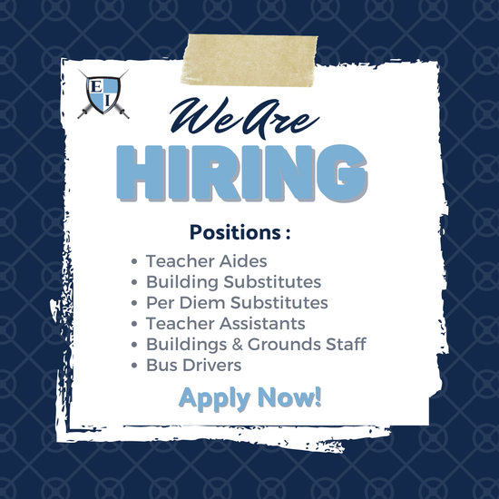 We Are Hiring.  Teacher Aides Building Substitutes Per Diem Substitutes Teacher Assistants Buildings & Grounds Staff Bus DriversPositions: Apply Today!