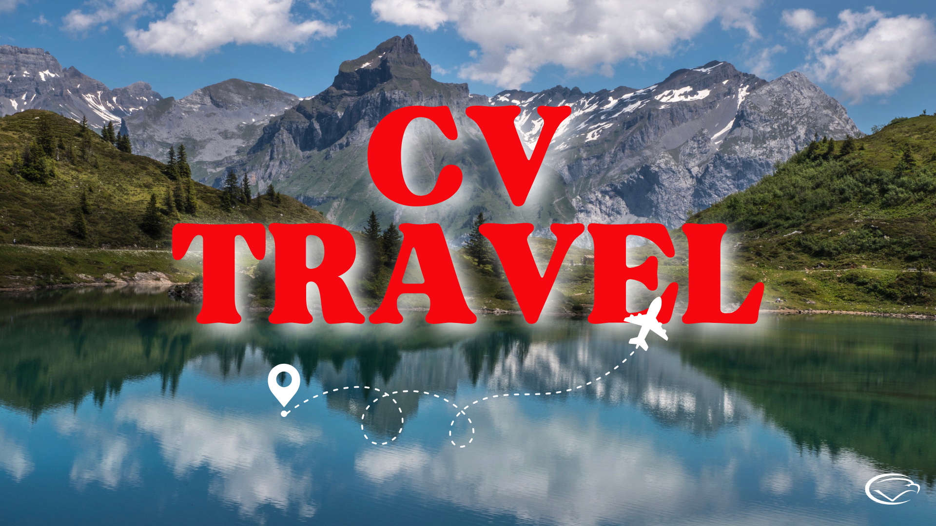Mountain landscape with 'CV TRAVEL' text, airplane icon, and location pin.