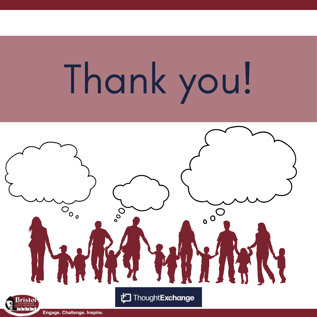 Graphic with the words “Thank you!” above a row of illustrated families holding hands. Each person has a thought bubble above their head, representing the exchange of ideas. Logos for Bristol Tennessee City Schools and ThoughtExchange appear at the bottom.