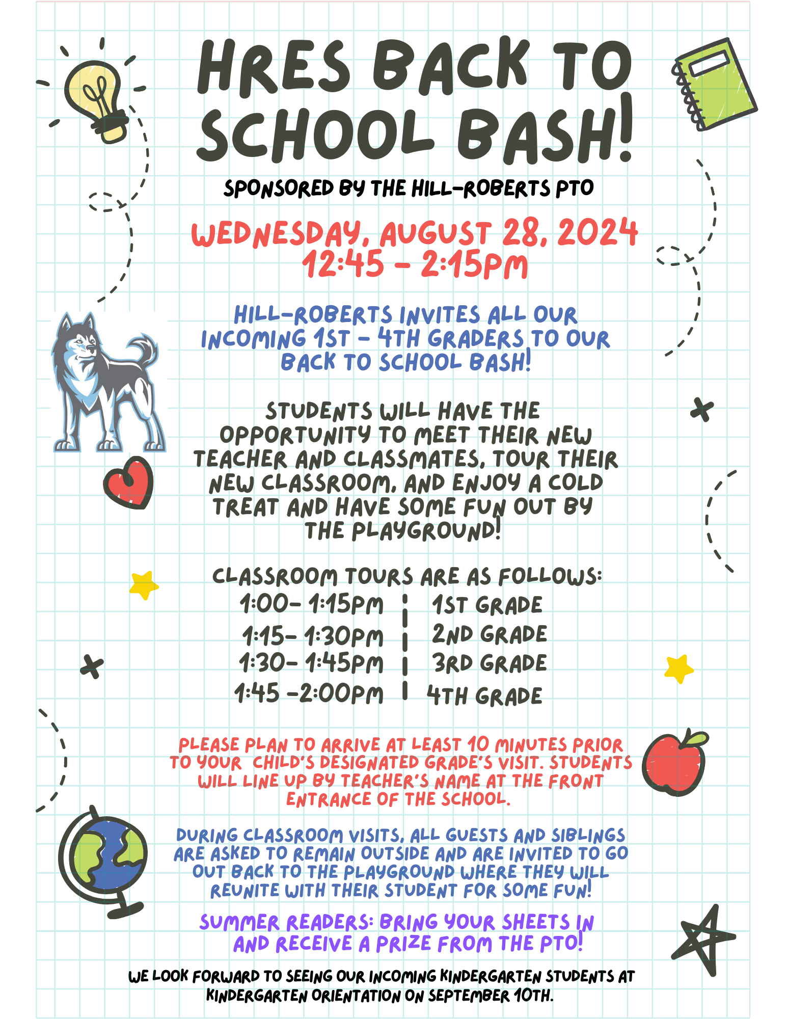 Back to School Bash - Wednesday, August 28th from 12:45 to 2:15pm