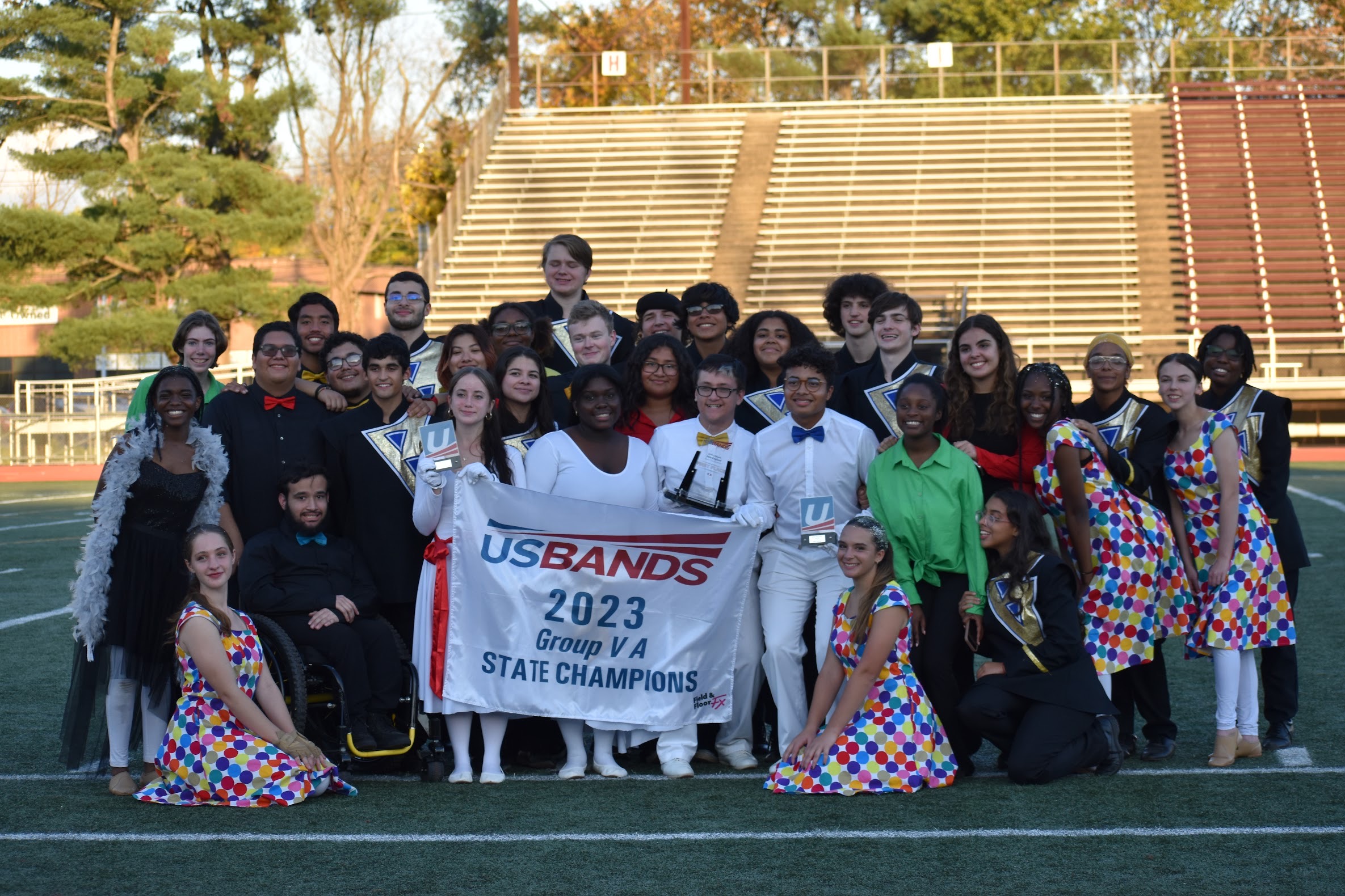 students with championship flag