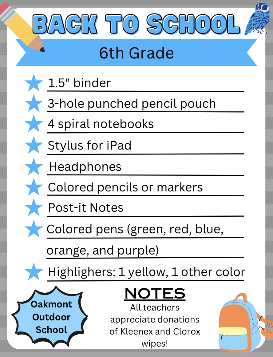 6th Grade Supply List