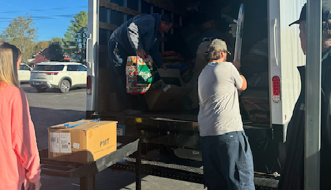 Photo of BTCS truck unloading at Johnson County Hurricane Helene relief center