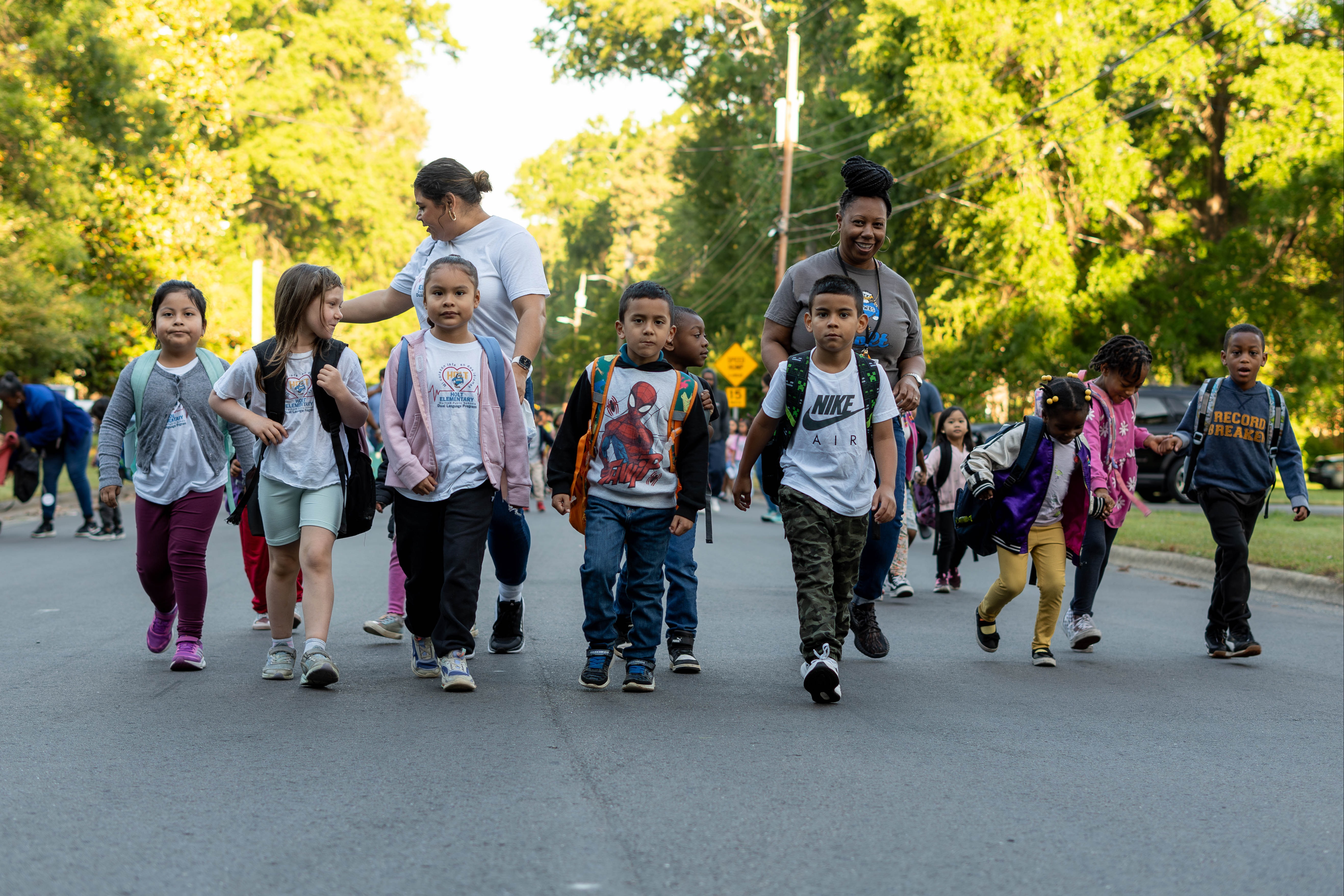 children walking to school together