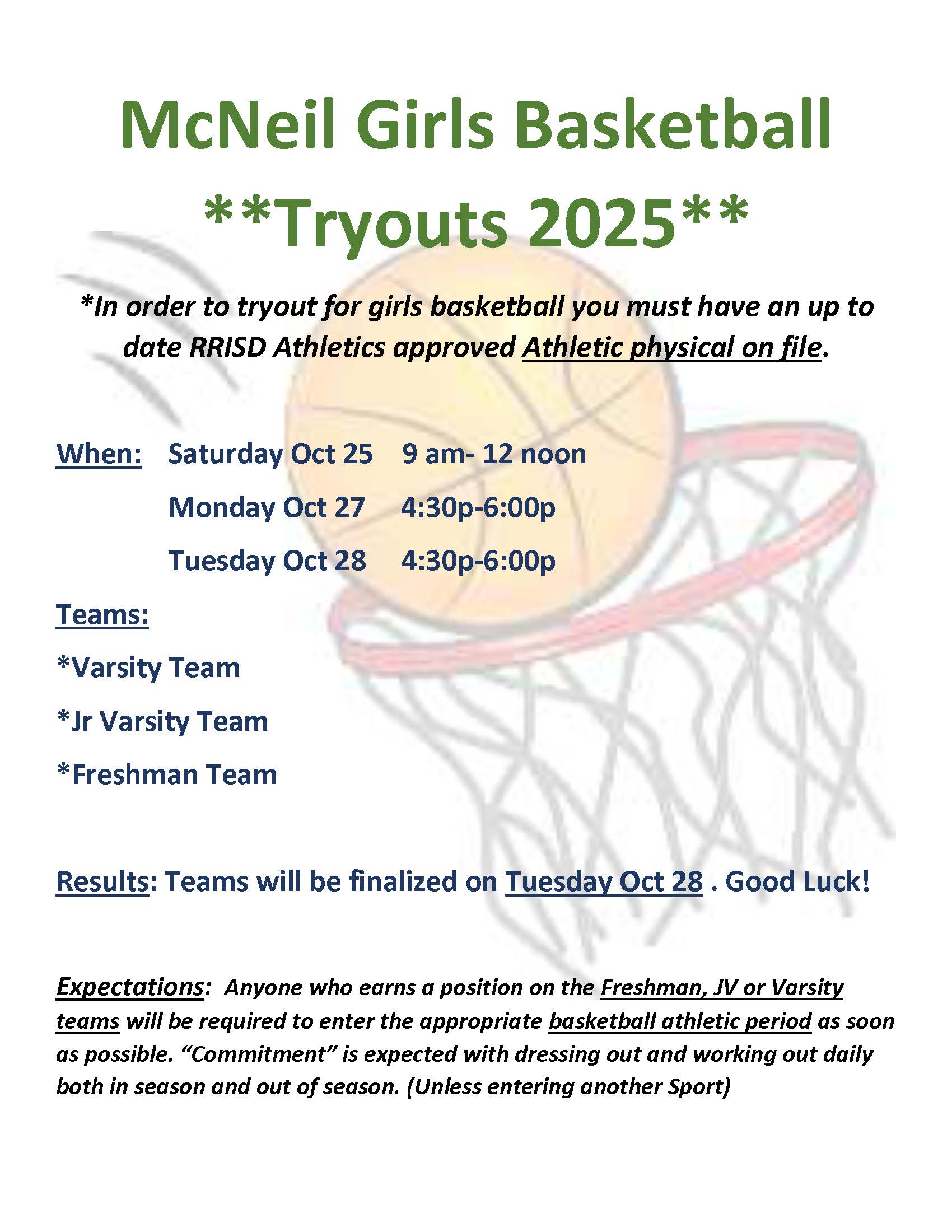 Girls Basketball Tryout Information Flyer