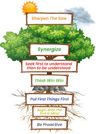 A 7 Habits tree with the 7 habits listed from top to bottom: Be Proactive, Begin with the end in mind, Put first things first, Think Win Win, Seek first to understand, Synergize, Sharpen the Saw