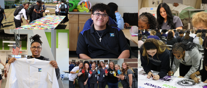 Photo collage of students and staff in classrooms and events, including signing a banner, group photos, hands-on activities, and a student holding a uniform shirt.