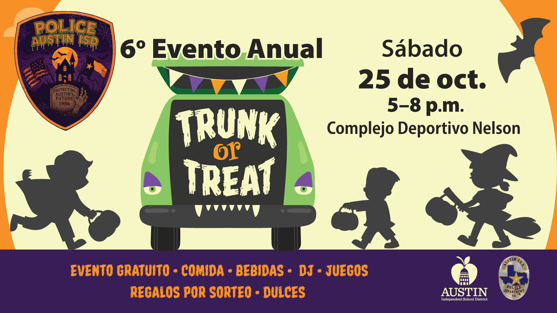 foto con palabras 6 evento anual trunk or treat sábado 25 de octubre 5-8pm Complejo Deportivo Nelson