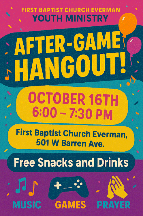After Game Hangout!  October 16th 6-7:30pm Free Snack and Drinks