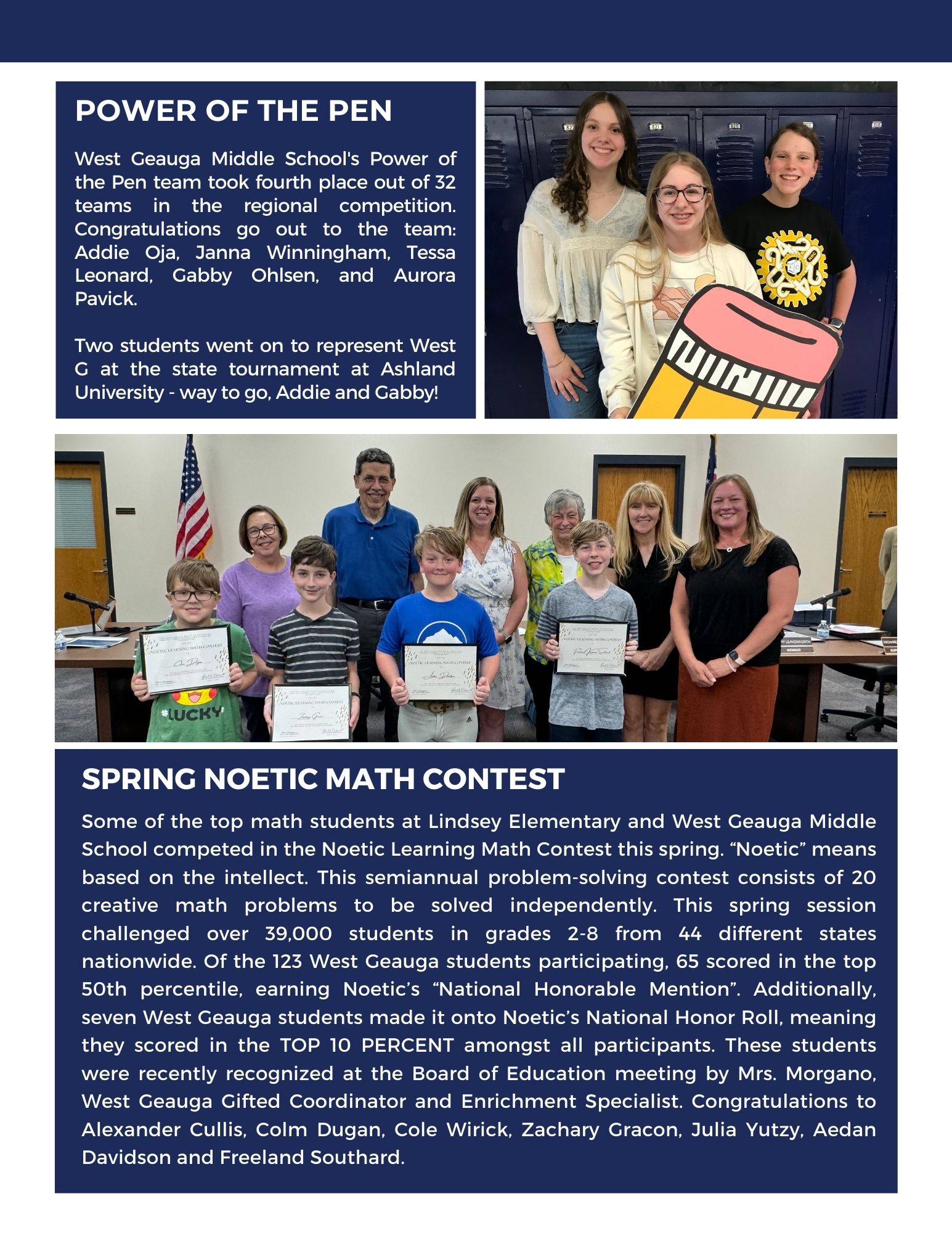 Power of the Pen and Spring Noetic Math Contest