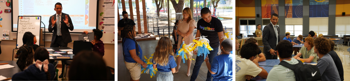 Superintendent Matias Segura with students and teachers on the first day of school