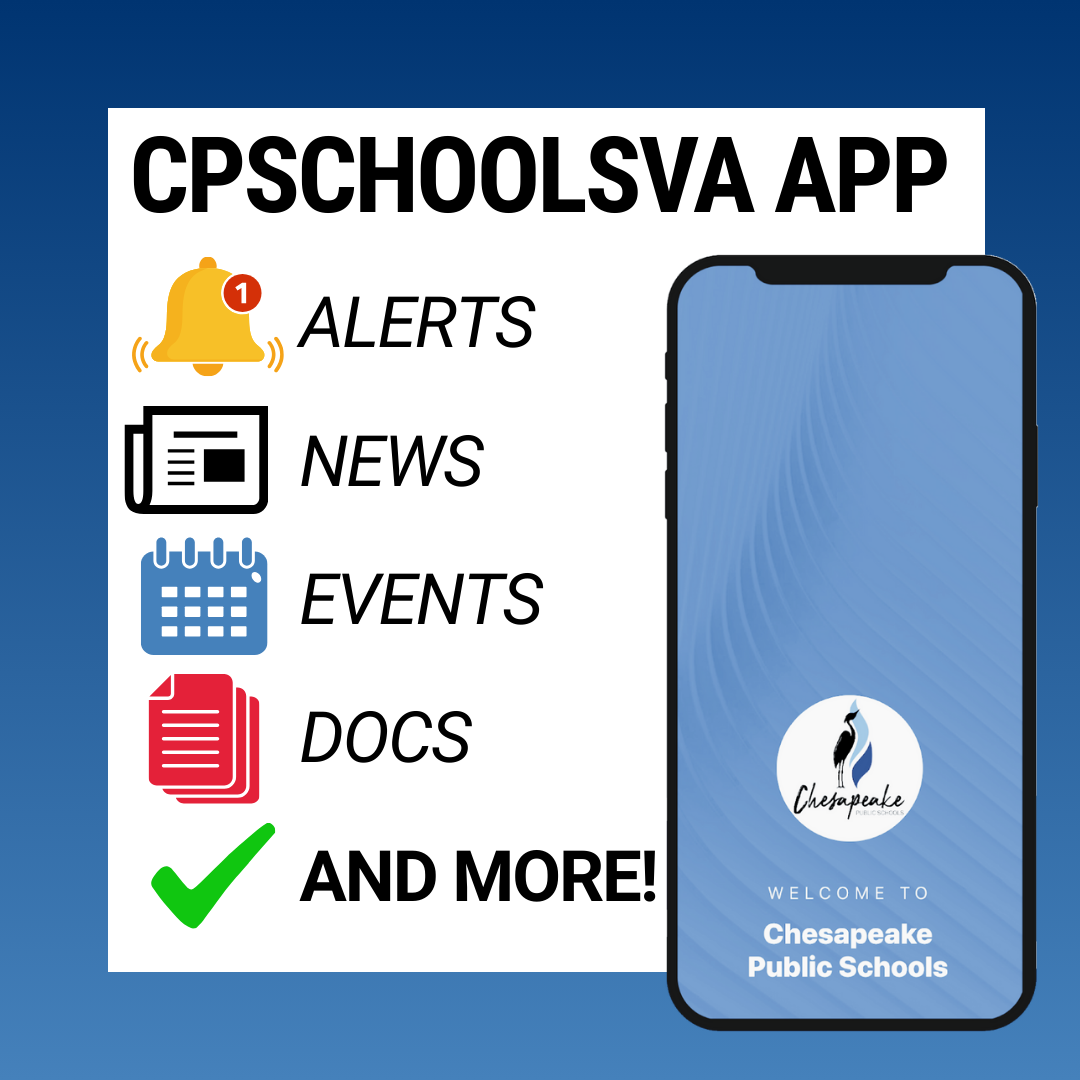 CPSCHOOLSVA APP mobile phone with alerts. Alerts, News, Events, Docs, and More