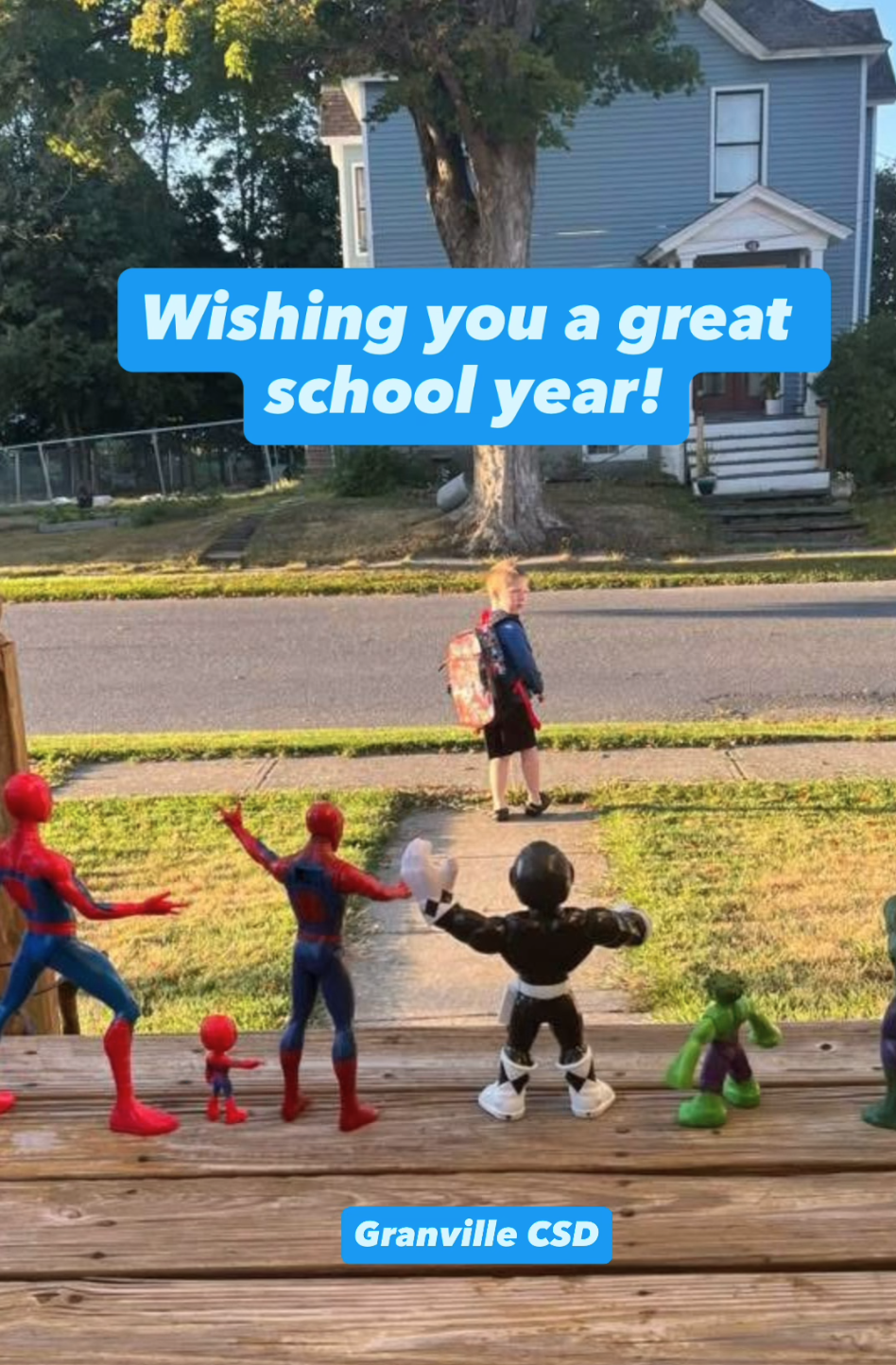 a boy looks back to toys on a porch that look like they're waving goodbye