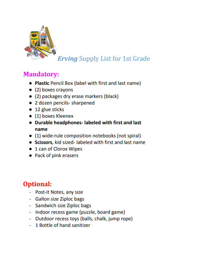 1st Grade Supply List