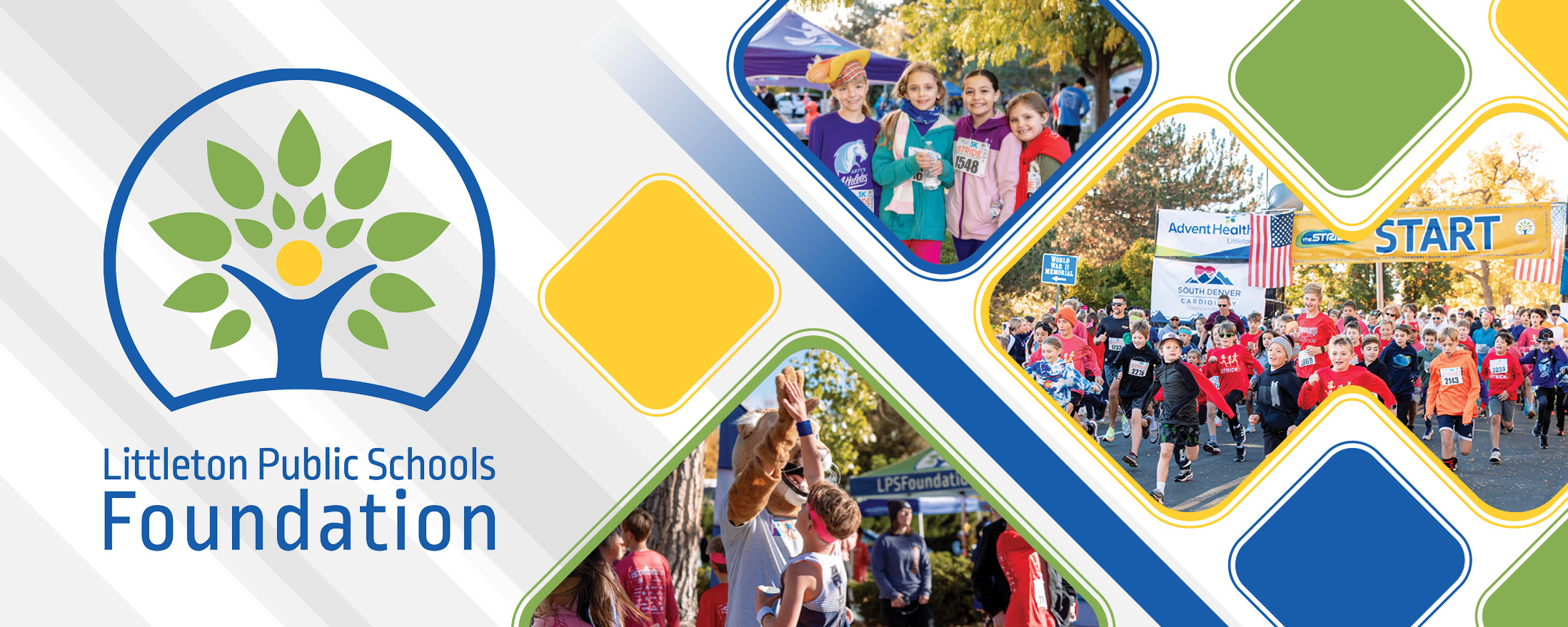 Logotipo de Littleton Public Schools Foundation con fotos de estudiantes participando en una carrera comunitaria.