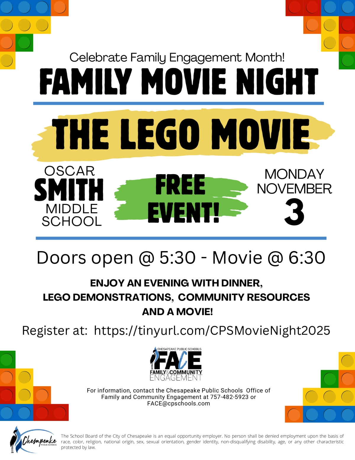 Family Movie Night. The lego movie. Oscar smith middle school. free event. november 3.