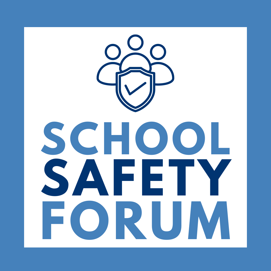 School Safety Forum. People with a shiled and checkmark.