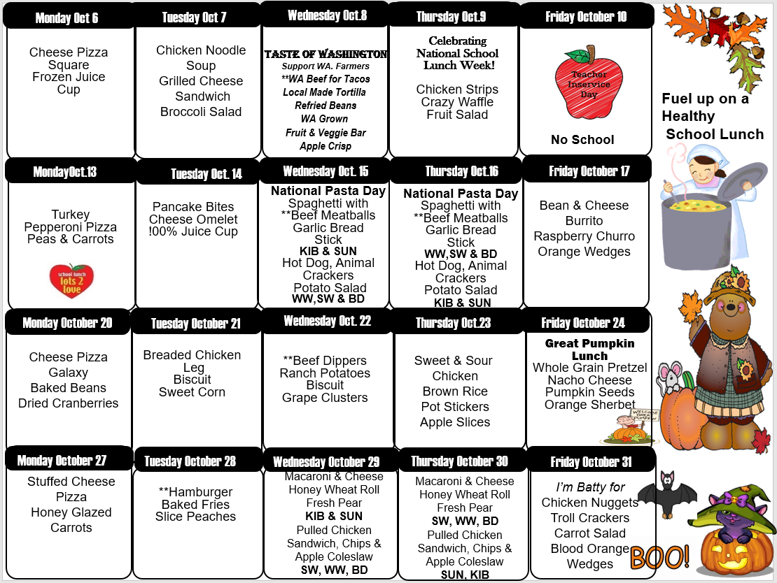 October lunch calendar, page 2