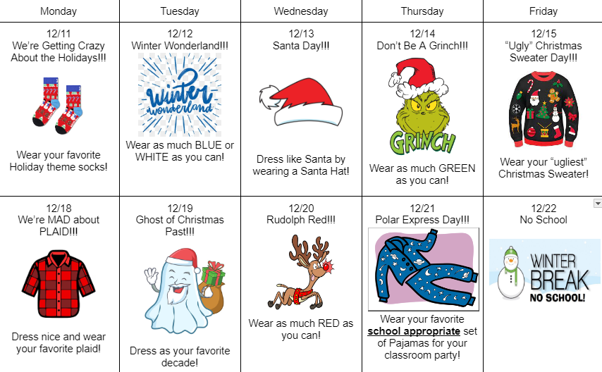calendar of spirit days through 12/21