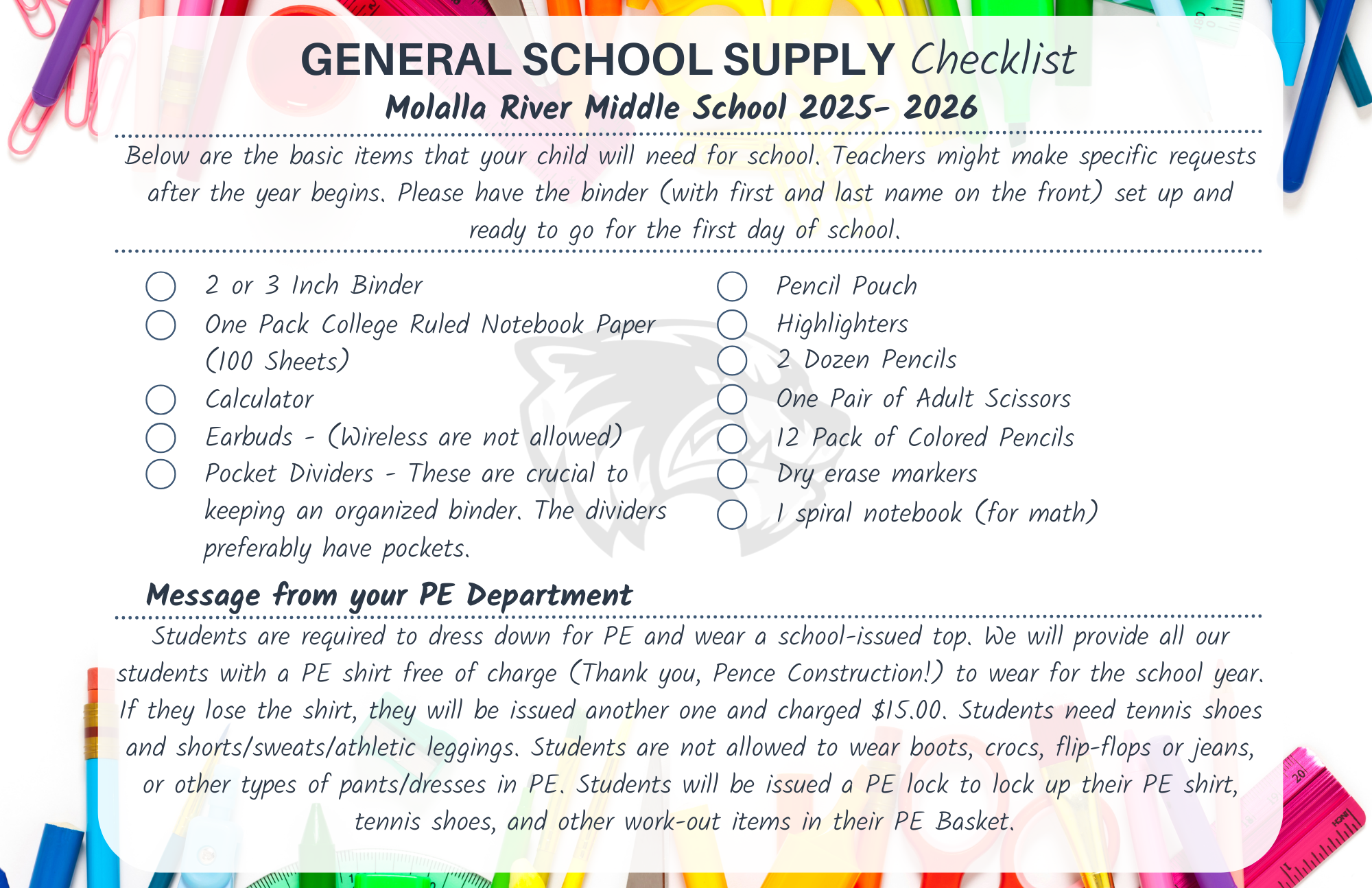 School Supplies List