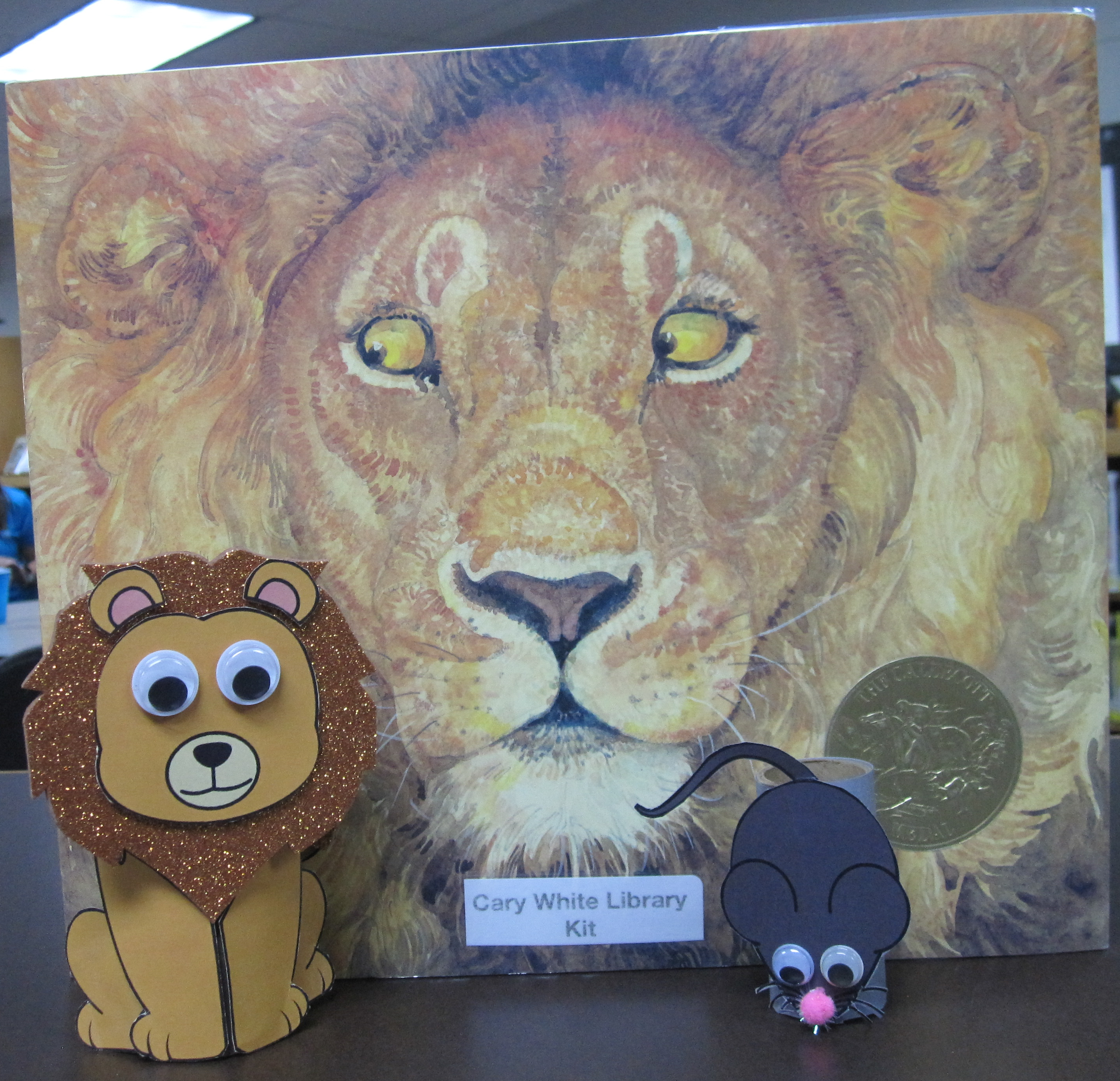 The Lion and the Mouse library kit, with book and 2 paper-craft lion and mouse, both with googly-eyes and textural features