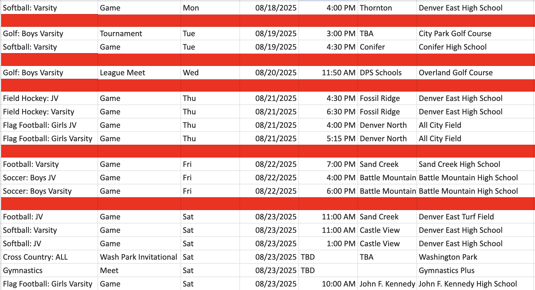 Athletics Schedule 8/18