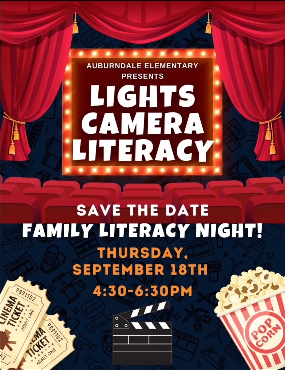 Family Literacy Night at Auburndale on September 18th from 4:30-6:30pm.