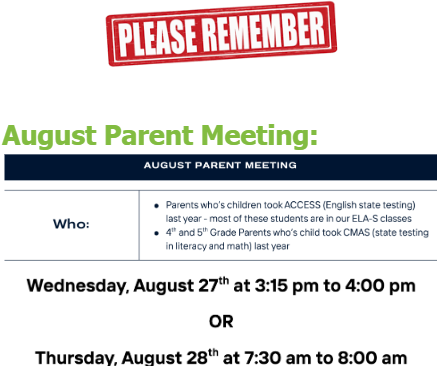 August Parent meeting